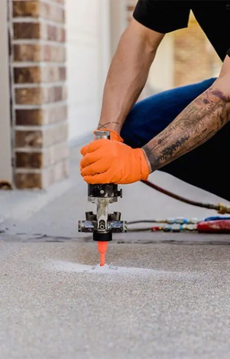 Technician injecting structural foam to lift a settled concrete slab